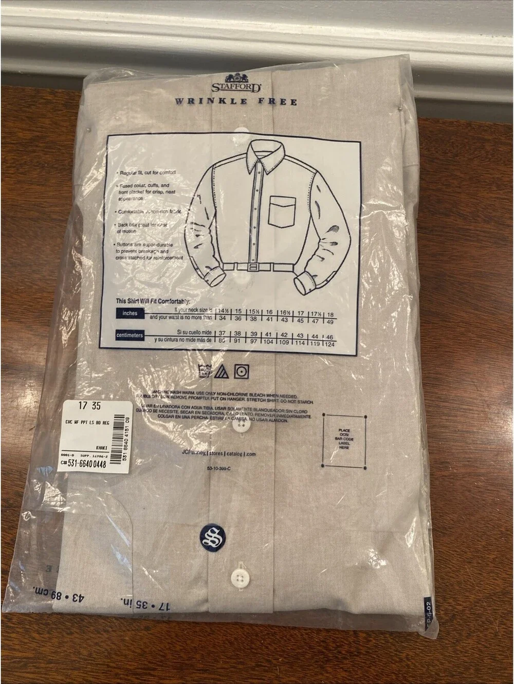 New Khaki Stafford Men's Size 17 35 Long Sleeve Dress Work Shirt Wrinkle Free